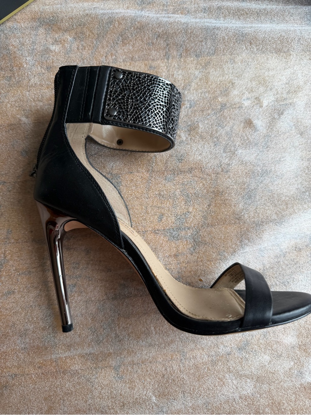 BCBGMaxAzria Black Ankle-Strap Stiletto Sandals with Metallic Heel